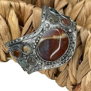 Vintage Silver Tone Genuine Stone Cuff Bracelet Made In India